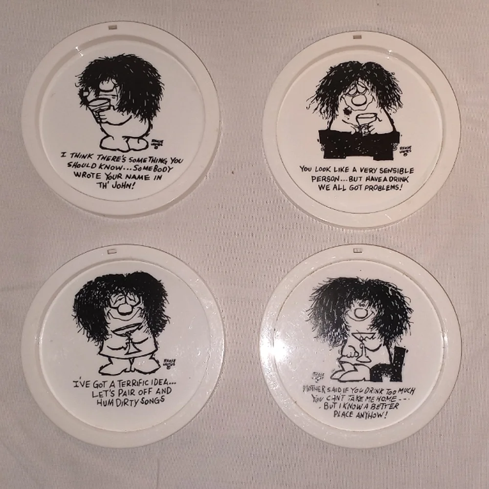 The Giddies 1970's set of 8 Humorous Plastic Novelty Kitchy coasters